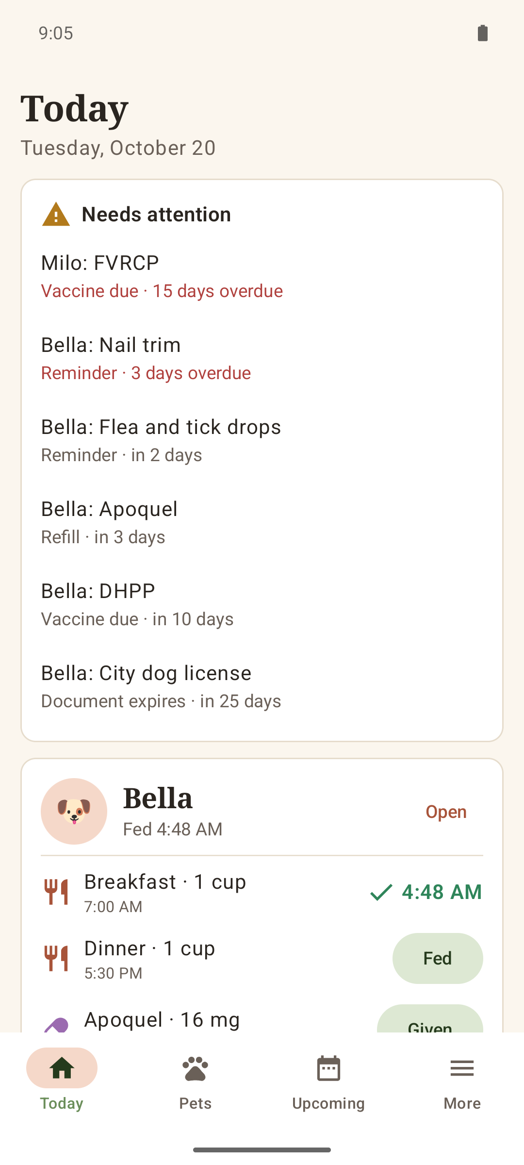 Today screen with meals, a medication dose and quick log buttons
